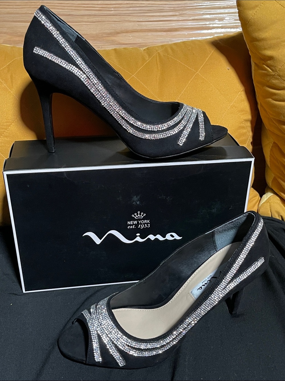 Nina Rylinn Black Peep-Toe Heels Pumps with Silver Crystal Stripes